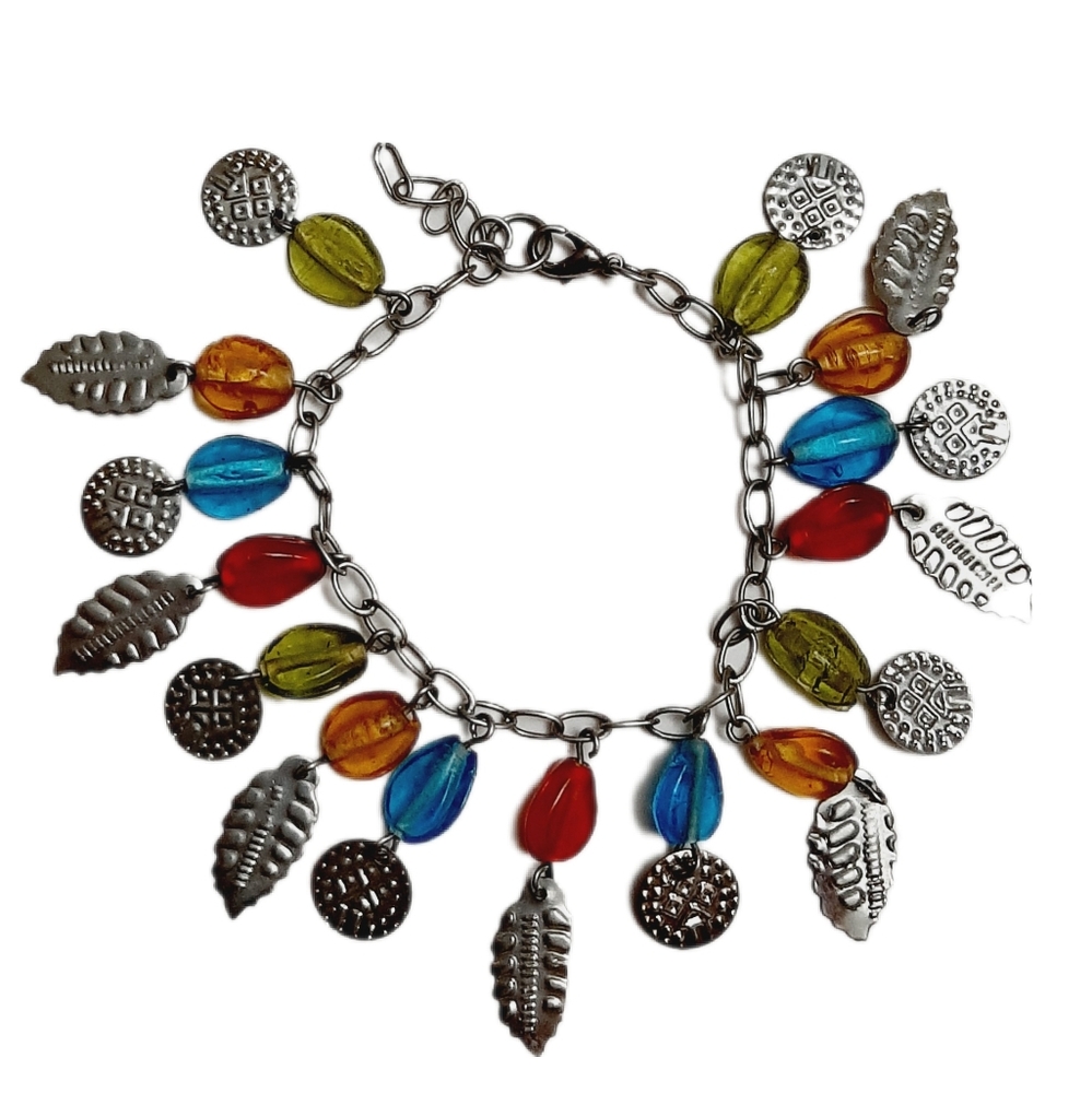 🍒4 for $20🍒 Multicolor Glass Bead Bracelet Jewelry Silvertone Medallion Leaf
